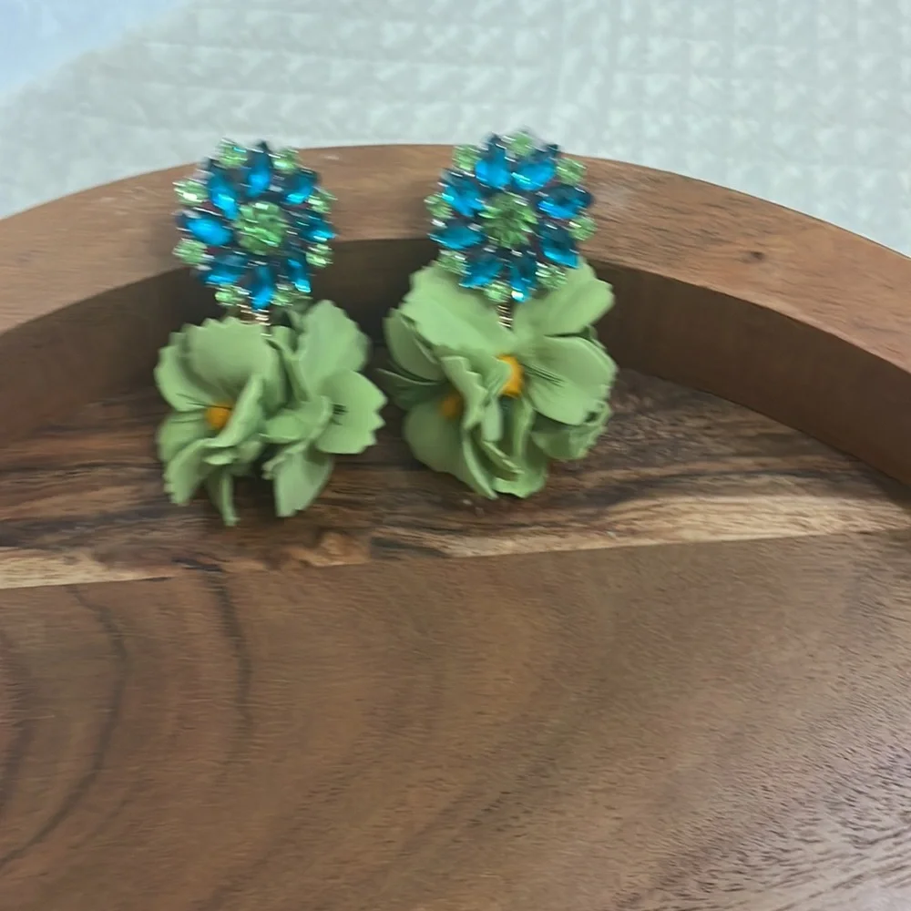 Teal blue lime green crystal flower statement beaded earrings Anthropologie